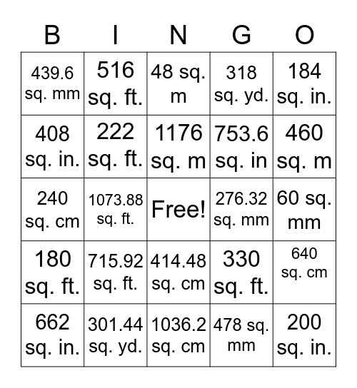 Surface Area Bingo Card