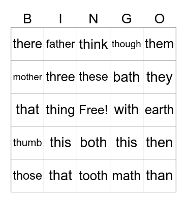 "TH" Bingo Card