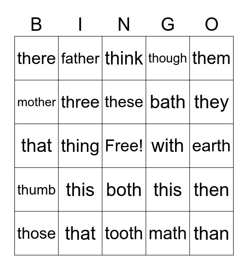"TH" Bingo Card