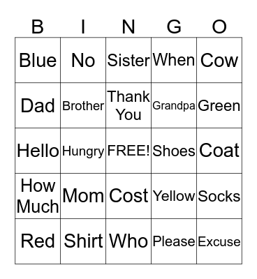 Basic ASL 100 Words Bingo Card
