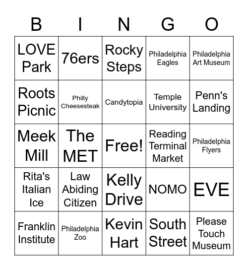 Philadelphia Bingo Card