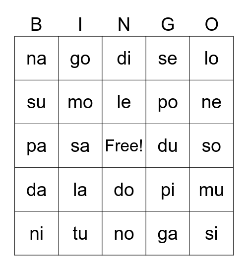 silabas Bingo Card