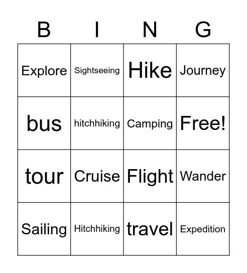 Trip vocab Bingo Card