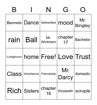 Pride & Prejudice Bingo Card