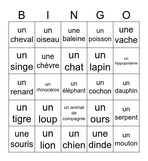 Les Animaux Bingo Card
