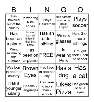 Student Bingo Card