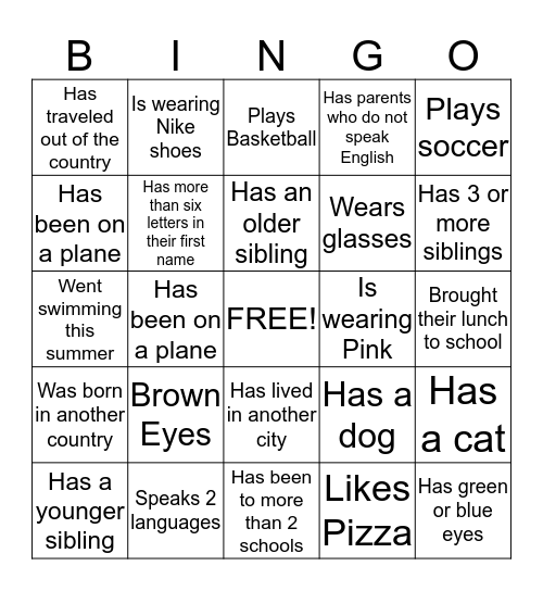 Student Bingo Card