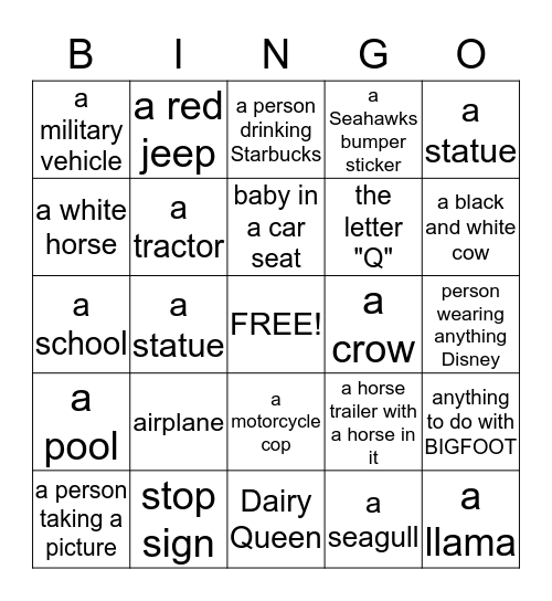 2015 Road Trip Bingo Card