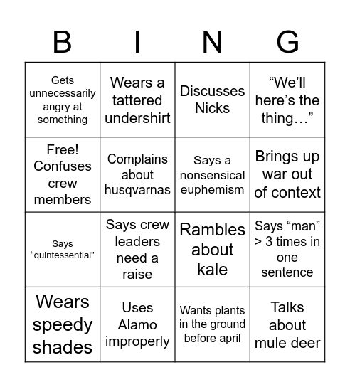 Clint Bingo Card