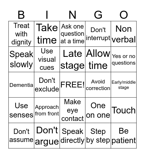 Communication & Dementia Bingo Card