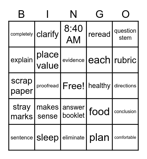 PSSA Bingo Card