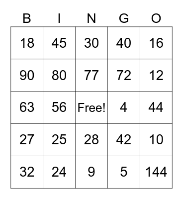 Multiplication Bingo Card