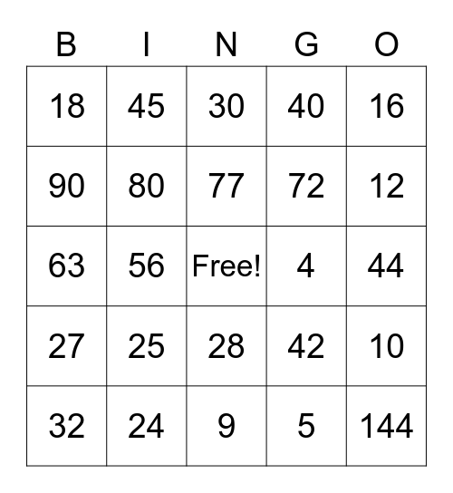Multiplication Bingo Card