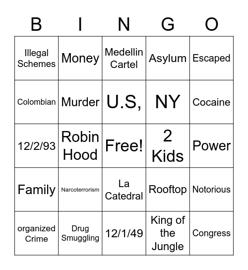 PABLO ESCOBAR Bingo Card