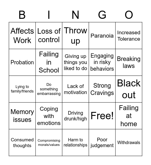 Signs of Substance Abuse Bingo Card