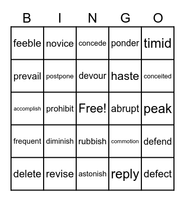 Vocabulary BINGO Card