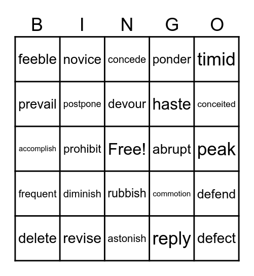 Vocabulary BINGO Card