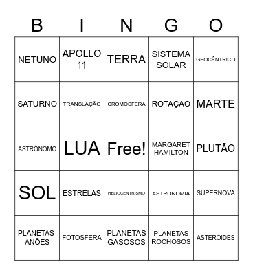 BINGO DO UNIVERSO Bingo Card