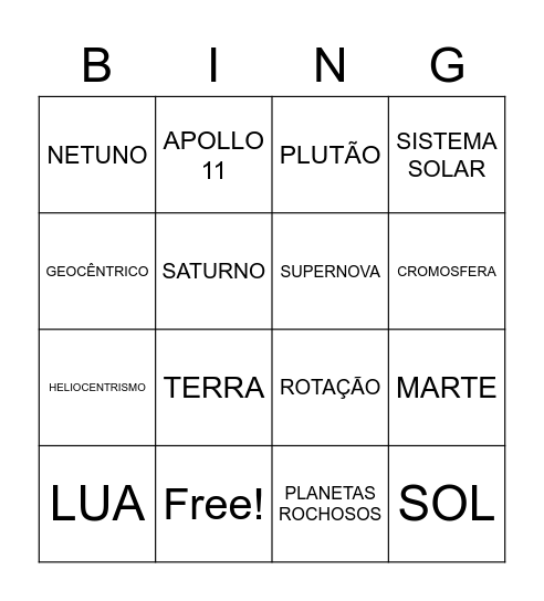 BINGO DO UNIVERSO Bingo Card