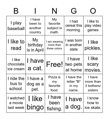 Find A Friend Bingo Card
