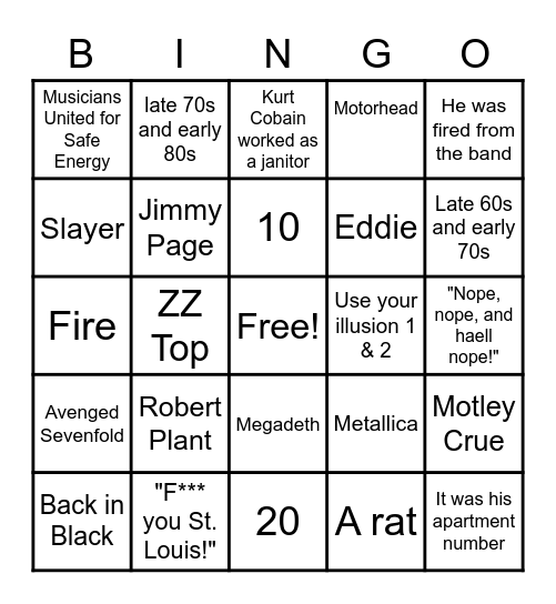 Musical Bingo Card