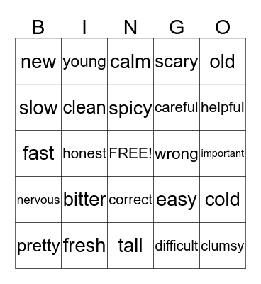 Adjectives Bingo Card