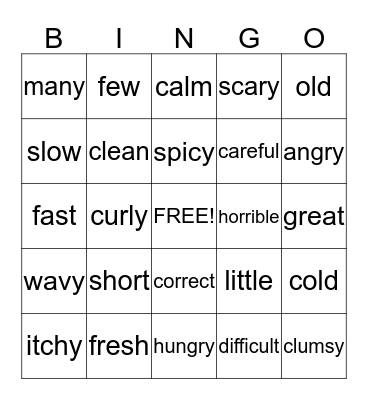 Adjectives Bingo Card