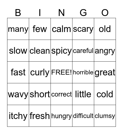 Adjectives Bingo Card
