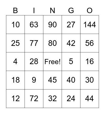 Multiplication Bingo Card