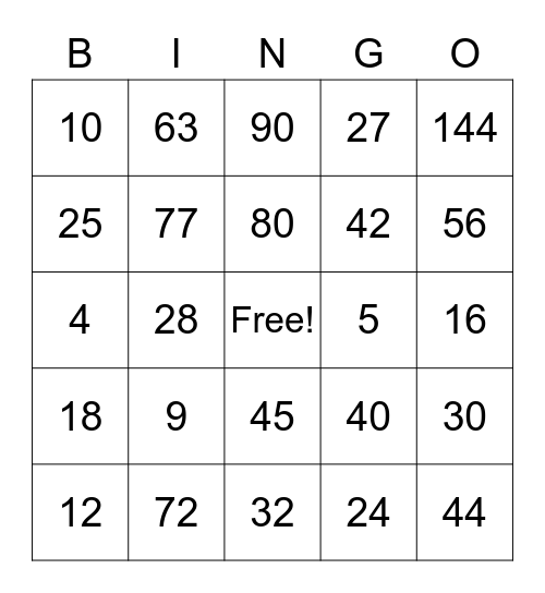 Multiplication Bingo Card