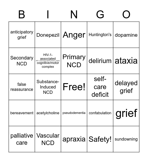 Cognitive Disorders of Older Adults and Palliative Care Bingo Card