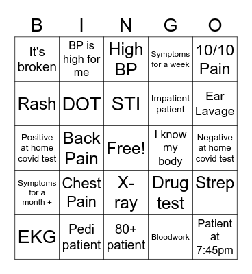 Urgent Care Bingo Card