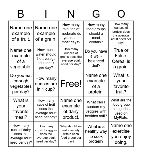 MyPlate Bingo Adults Bingo Card