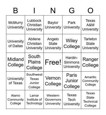 Texas Colleges & Universities Bingo Card