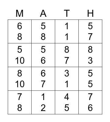 Fraction Bingo Card