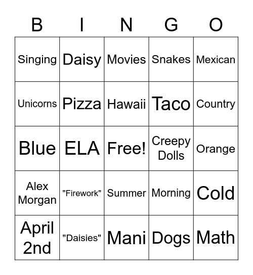 Birthday Girl Bingo Card