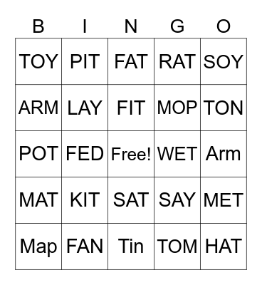 1 Syllable words Bingo Card