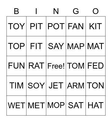 1 Syllable words Bingo Card