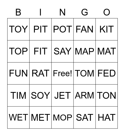 1 Syllable words Bingo Card