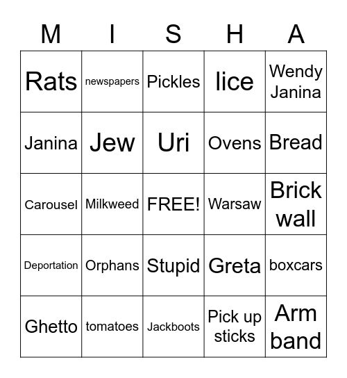 Milkweed Comprehension Bingo Card