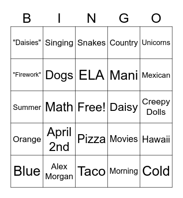 Birthday Girl Bingo Card