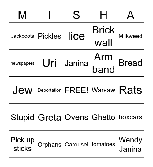 Milkweed Comprehension Bingo Card