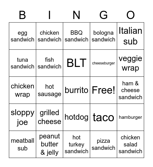 Sandwiches Bingo Card