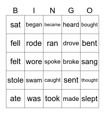 Irregular Verbs Bingo Card