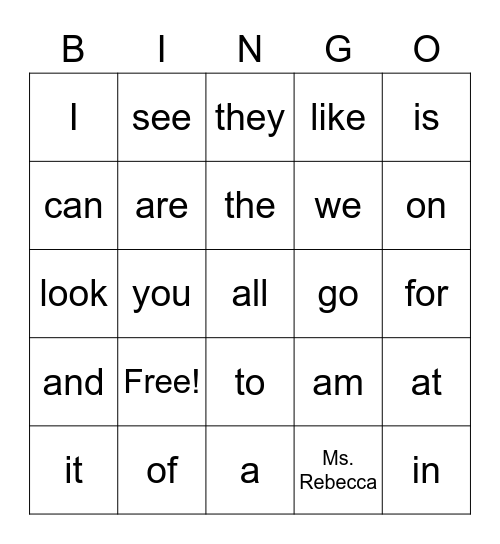 Sight Word Bingo Card