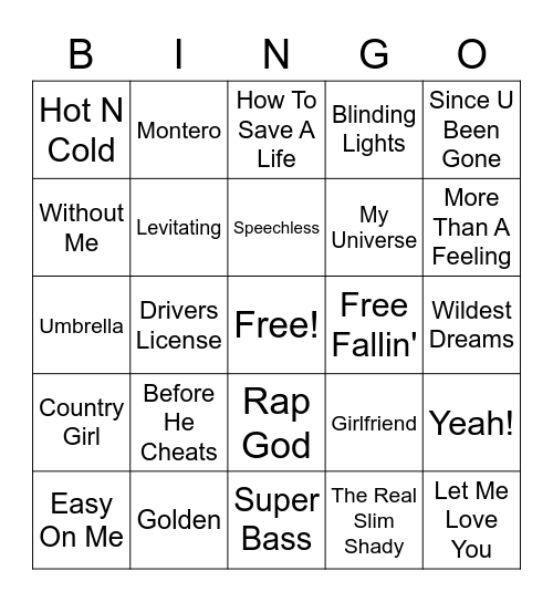 Guess the Song Bingo Card