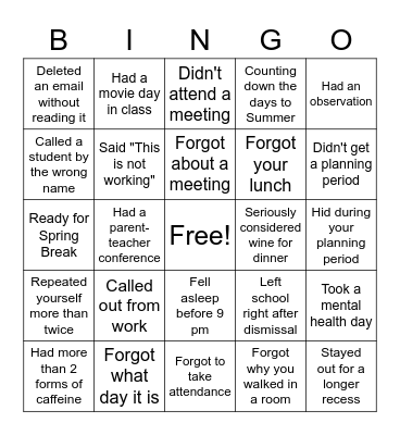 Tired Teacher Bingo Card