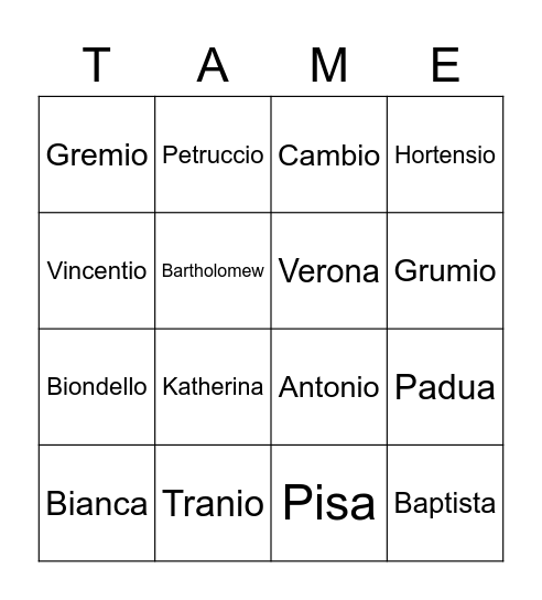 Taming of the Shrew Bingo Card