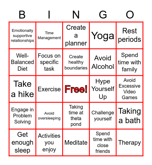 Men's Mental Health Bingo Card