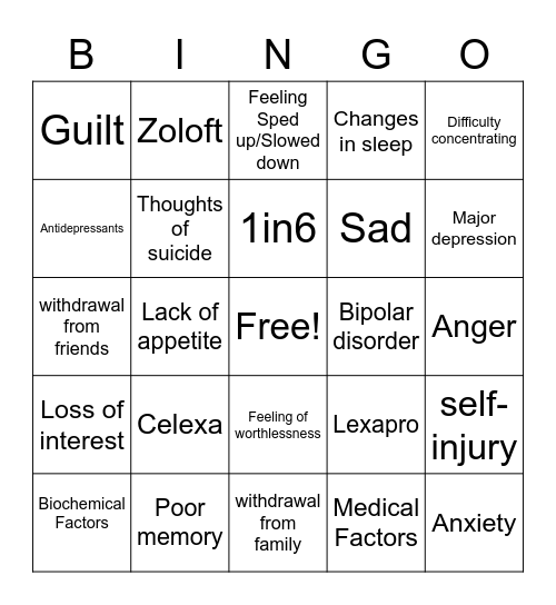 Depression Bingo Card